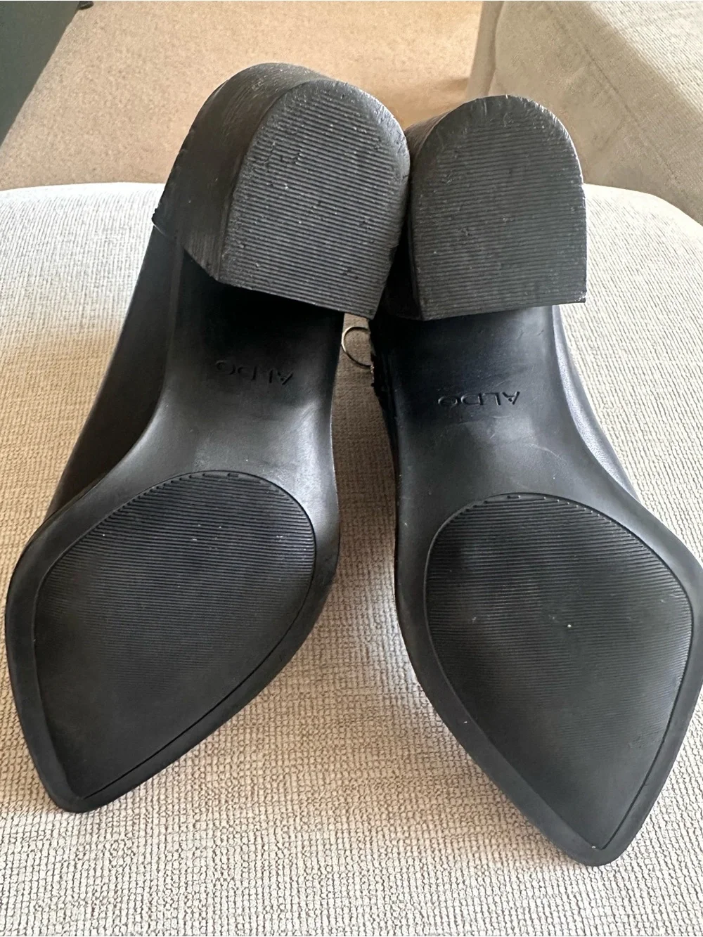 Aldo Leather Black Pointed Toe Ankle Boots with Croc-Embossed Heel